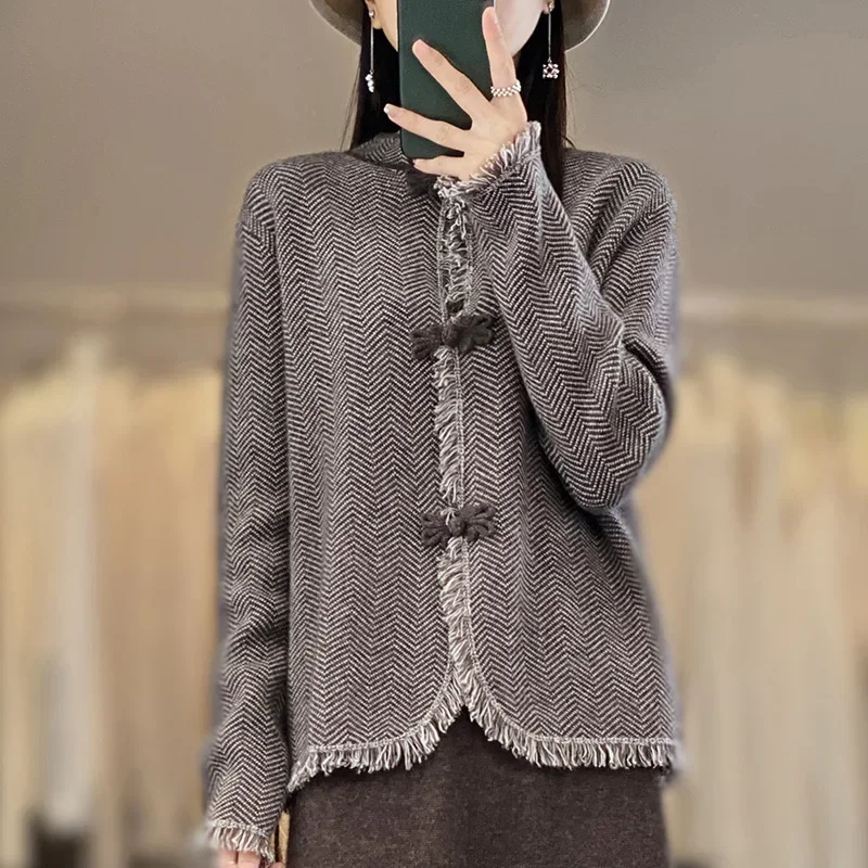 

Tailor Sheep Pure Merino Wool Knitted Women's Cardigan Standing Neck Sweater Autumn and Winter Long Sleeved Coat