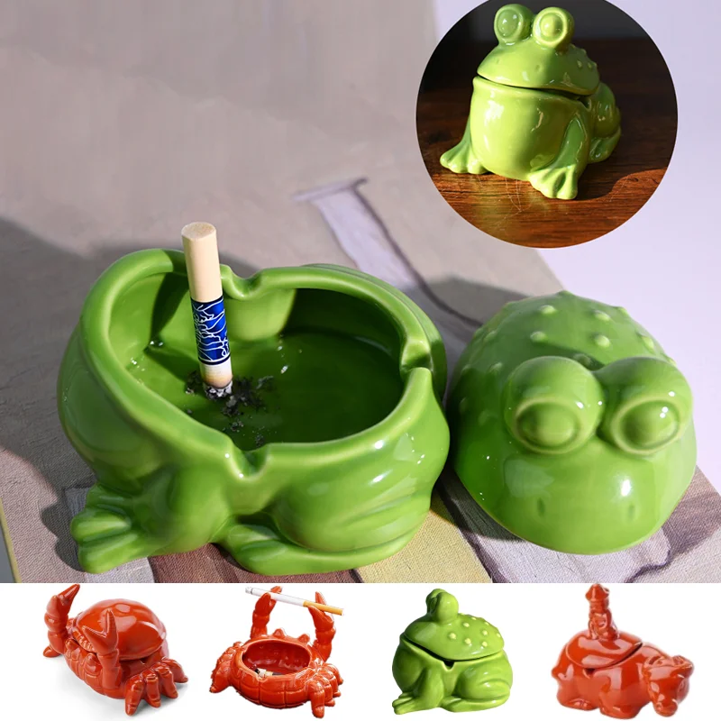 Ceramic Green Frog Ashtray Tea Pet Table Accessories Desktop Interior Decor Frog Statue Crab Figurine Ornament Home Decor