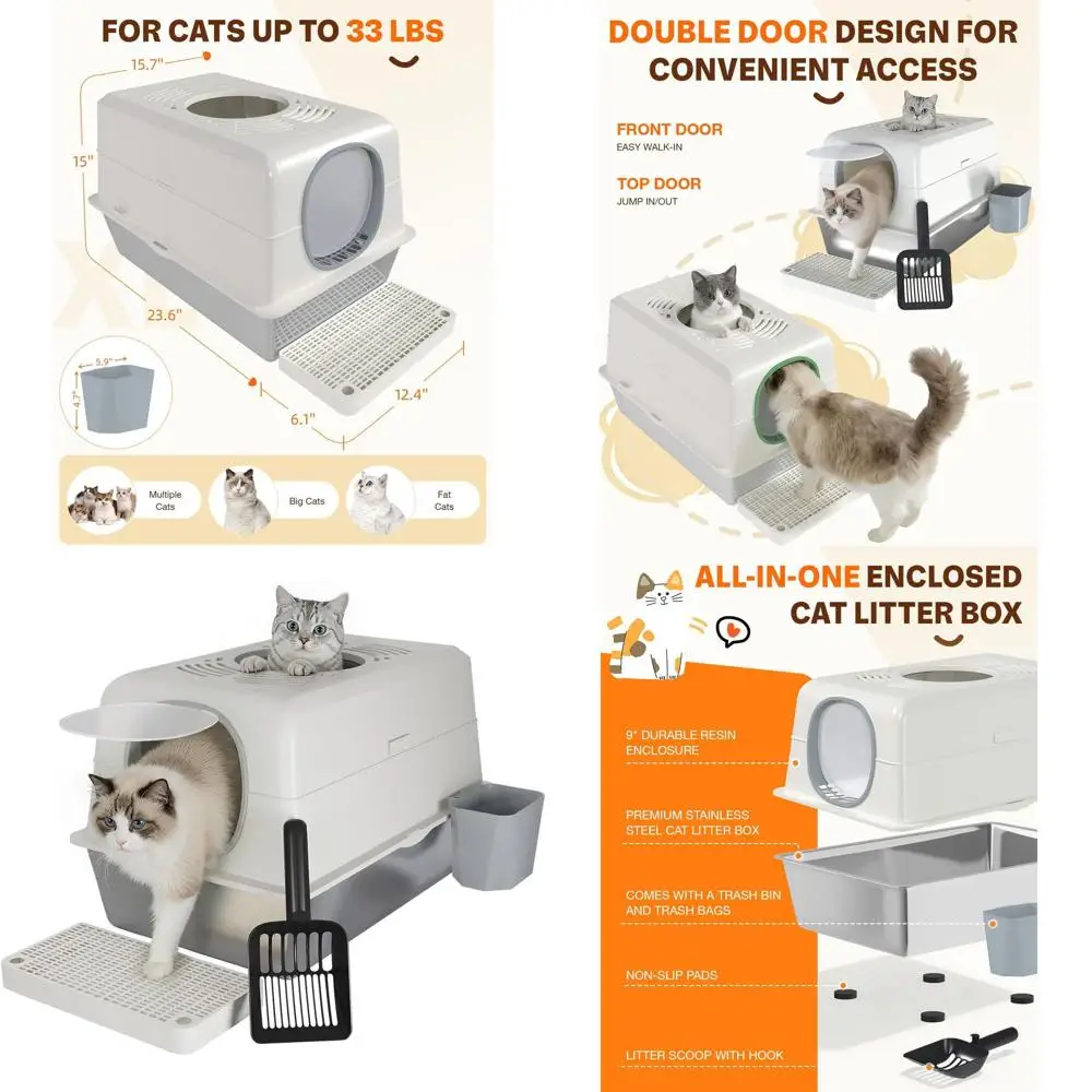 

Большой белый металлический лоток для кошек с верхним входом, крышкой, встроенной лопаткой и контейнером для мусора