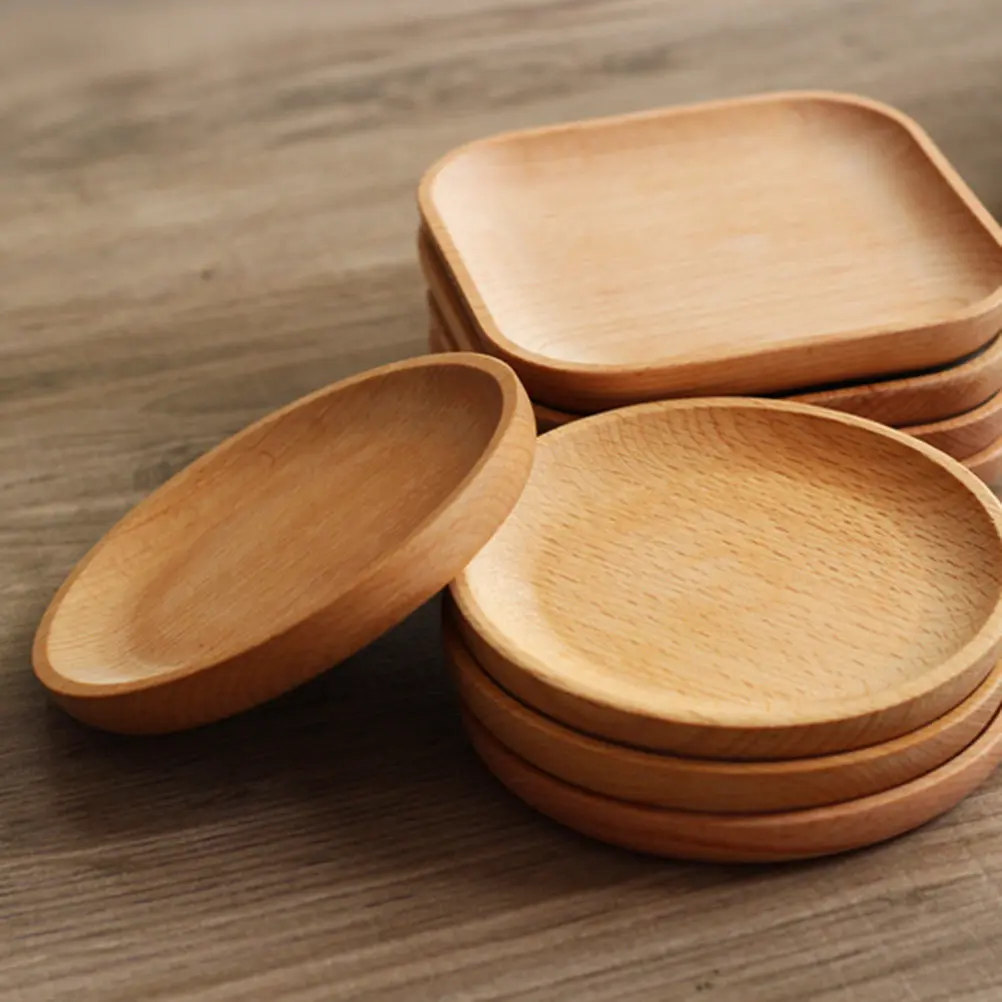 Wooden Round Dessert Plate Beach Natural Wood Tray Compact Size Safe Odorless Snack Tray Japanese Style Food Plate for Kitchen