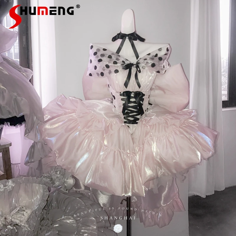 

Pink Polka Dot Lolita Birthday Dresses 2025 Women's Cute Big Bow Tail Off-Shoulder Sleeveless Mini Dress Girl's Ball Gown Dress