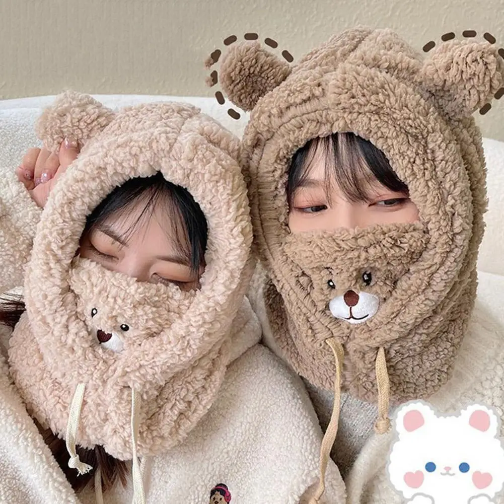 Scarf Hat Warm One-piece Hat Bear Winter Students Lamb's Wool Korean Version Of The Hooded Mask Plush Cap