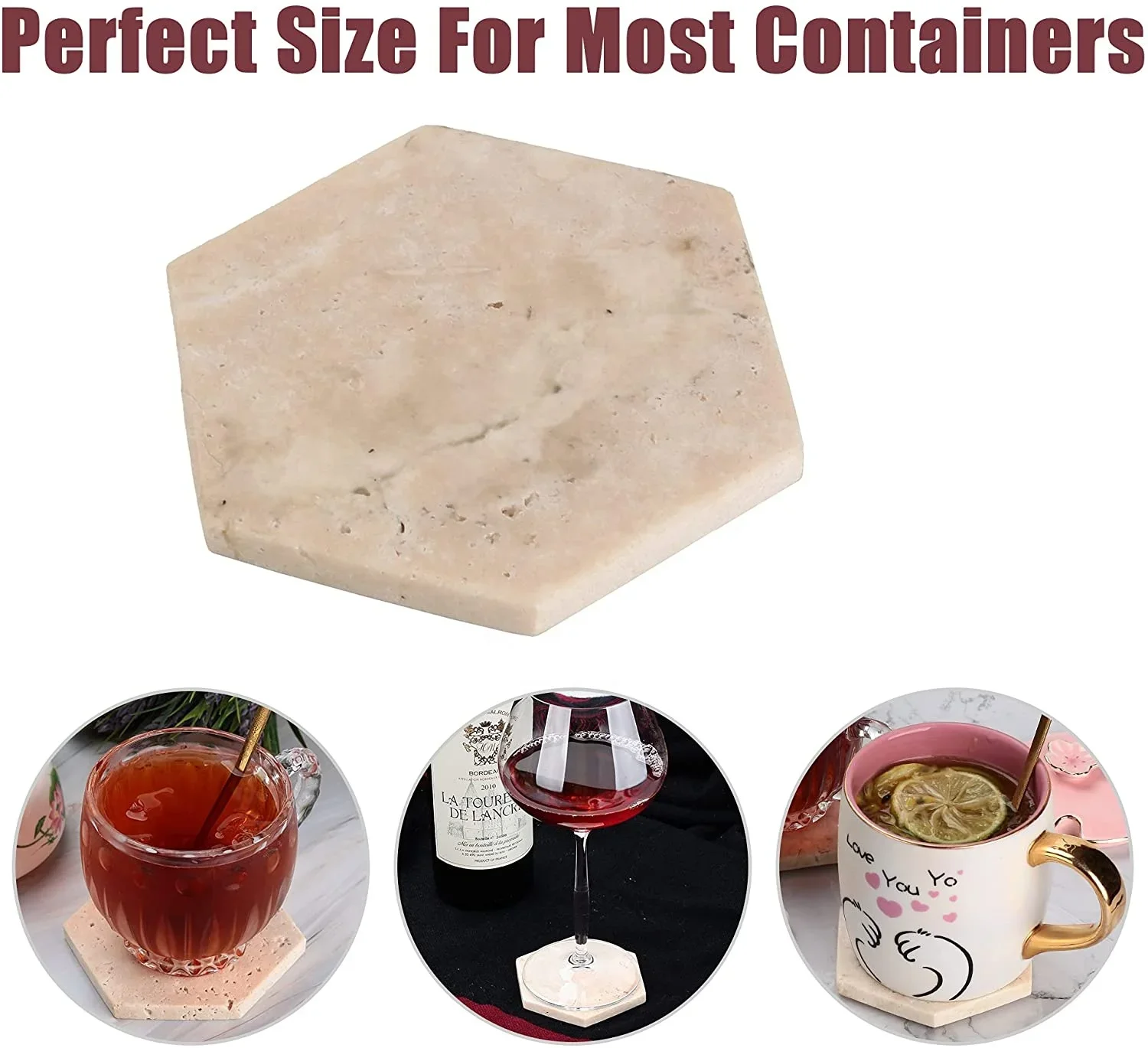 Customized Wholesale 1pcs Retro Hexagonal Marble Coaster Natural Cream Travertine Stone Drink Coaster Vintage