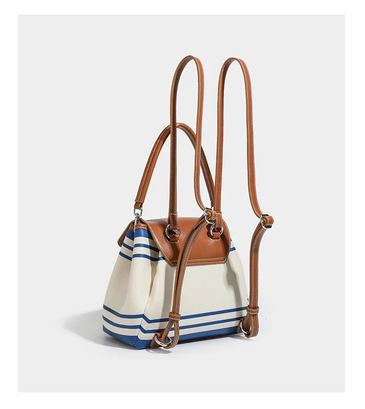 Striped Canvas Backpack for Women Korean Style Top Handle Daypack Light Luxury Unique Design Commuter Bag