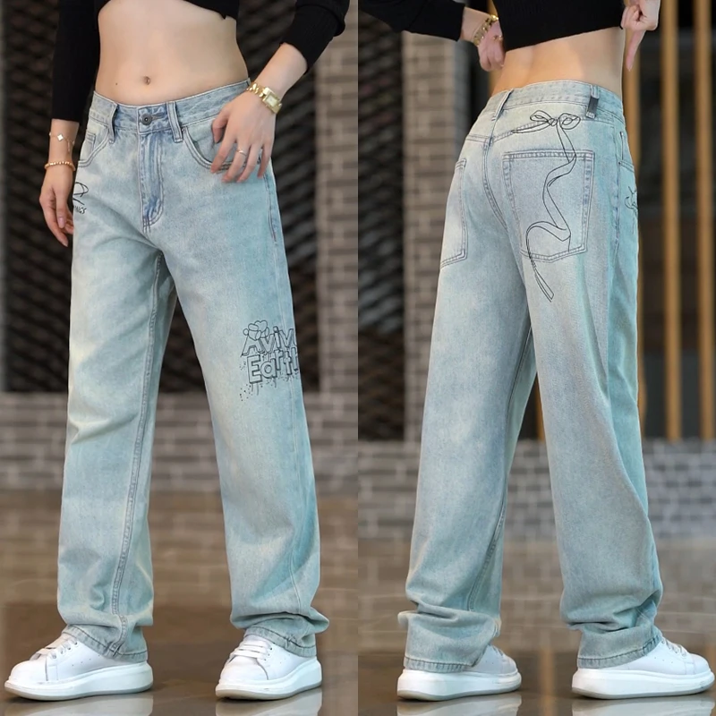 

Retro Loose Fit Men's Jeans Casual Straight Leg Pants Faionable Print Cotton Denim Trousers for Youth All Seasons Wear