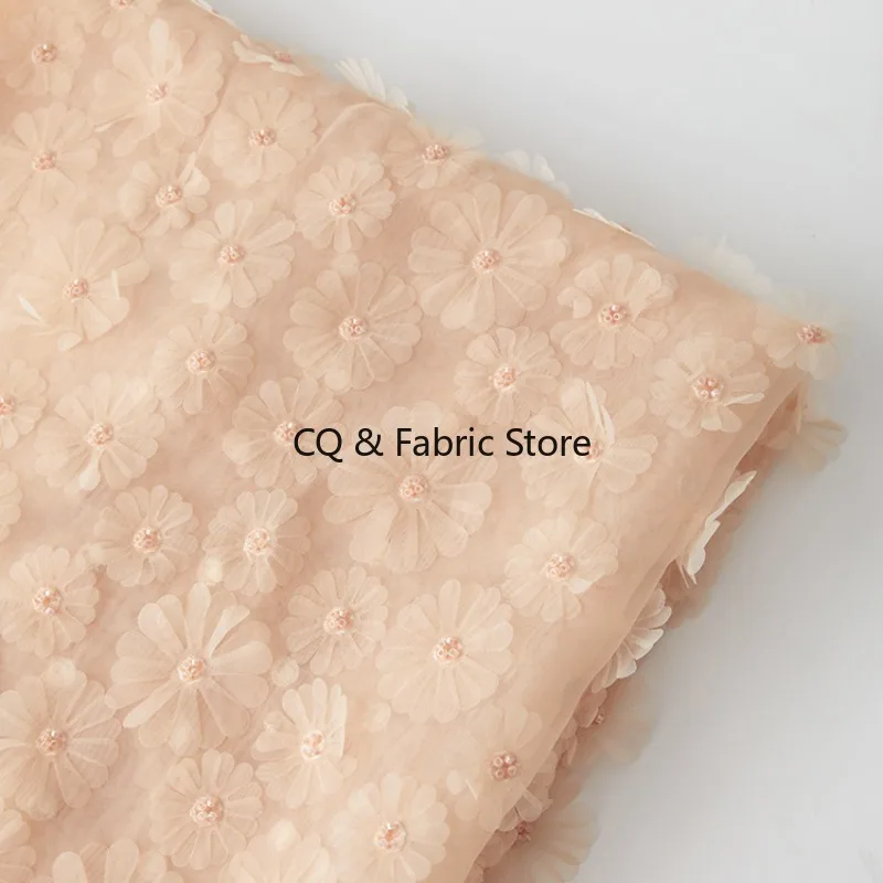 

Ins Style High End Orange Pink 3D Floral Beaded Organza Fabric For Dress Cheongsam Kids Clothing Designer Fabric