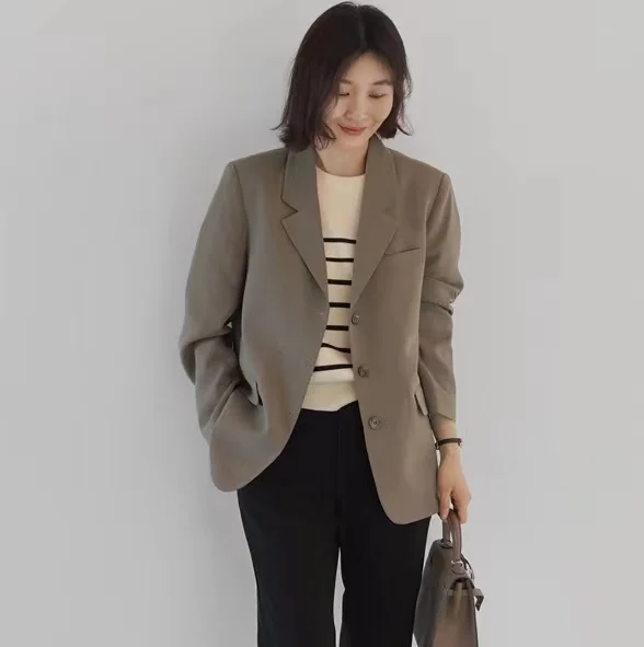 

Korea Style Chic Vintage Women Single-breasted Suit Jacket 2024 Spring and Autumn Fashion All-match Office Lady Solid Blazer Top