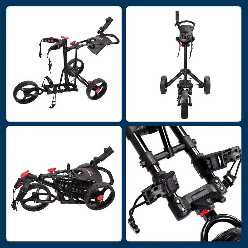 Aluminum 3 Wheel Golf Trolley Foldable Push Cart Lightweight Mobile Caddy with Storage Bag Bracket for Easy Transport on 5