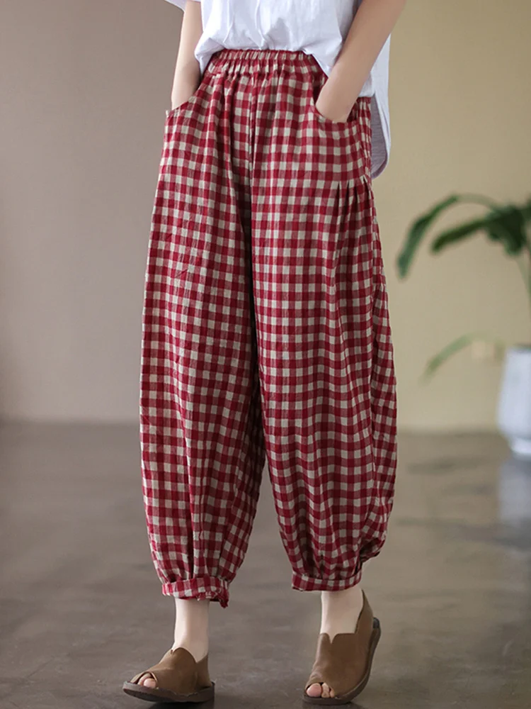 ارتفاع الخصر المرأة الكتان تسعة عشرات فانوس السراويل عارضة الرجعية منقوشة القطن الكتان هارلان السراويل تخفيف Sle الصيف جمع #1