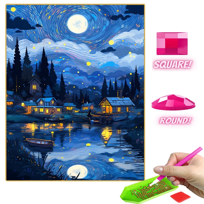 Dream Starry Sky Town Diamond Painting Boat And Sea Scenery Full Diamond Mosaic Cross Stitch Kit Comic Art Home Wall Decor Gifts