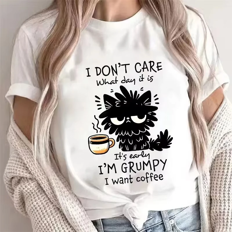 Camiseta feminina de manga curta Y2K Hip Hop 'Eu quero café' Gato engraçado gráfico verão moda top