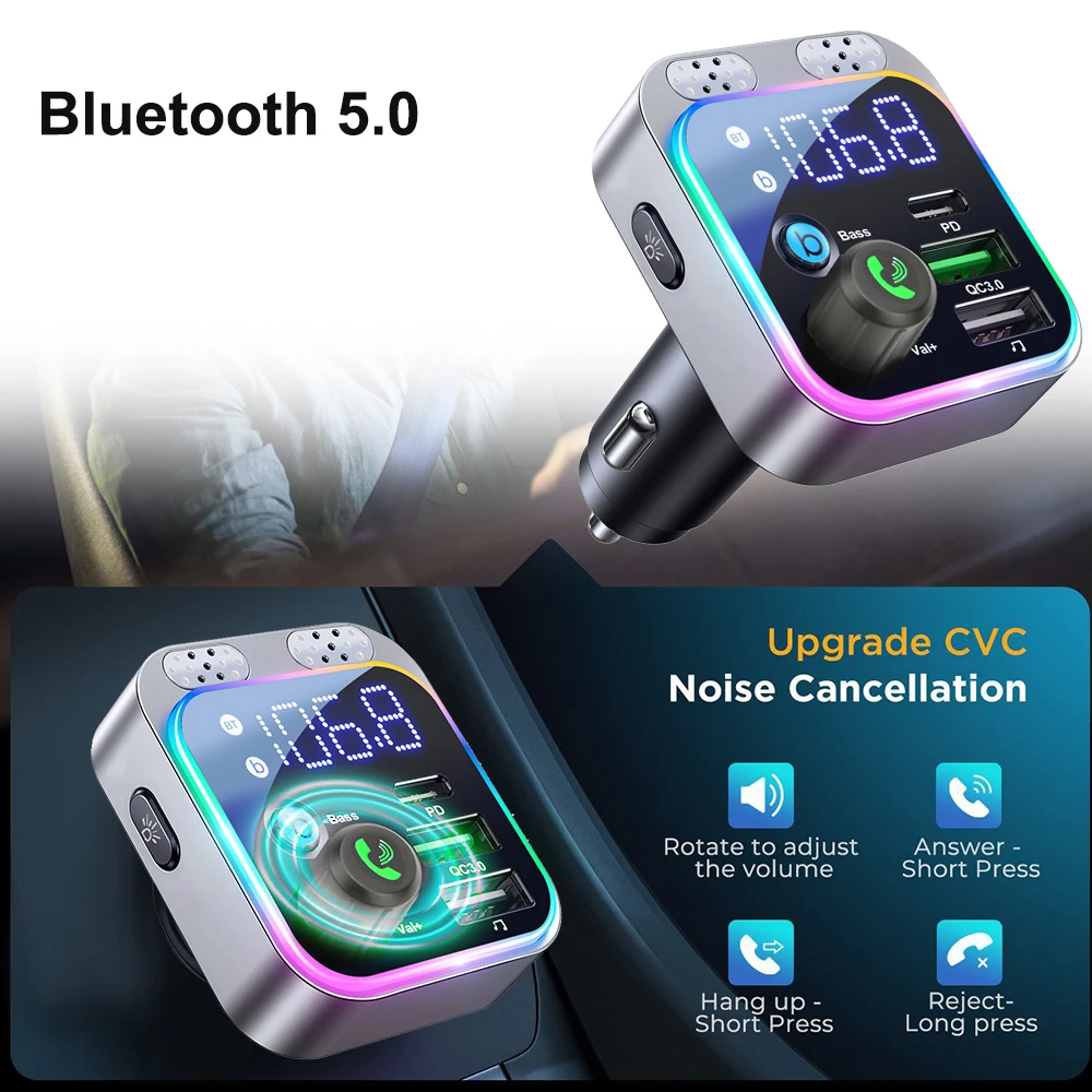 

Car Bluetooth FM Transmitter Bluetooth 5.3 FM Transmitter 3 Ports Charger For Car FM/AUX Car Fast Charger Electronic Accessories