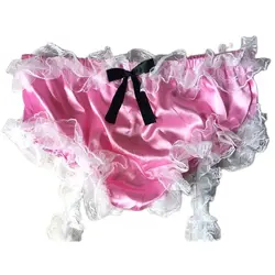 Pink Satin Patchwork White Lace Inlay Elastic Waistline Bow Embellishment Sexy Triangle Shorts with Back Opening