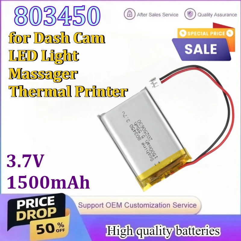 

803450 1500mAh 3.7V Lithium Polymer Battery for Dash Cam LED Light Massager Thermal Printer Rechargeable Battery
