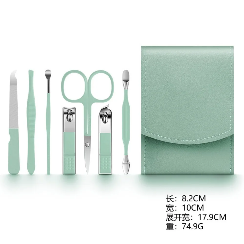 7 unids/set de juegos de manicura portátiles verdes, Kits de pedicura, cortaúñas, tijeras para cejas, palillo para las orejas, herramientas de cuidado Personal para viaje