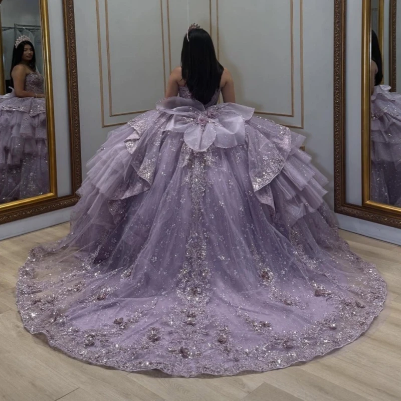Lavender Shiny Quinceanera Dresses Ball Gown Off The Shoulder Applique Lace Beading Crystal Bow Tull Sweet 16 Dress Vestidos De