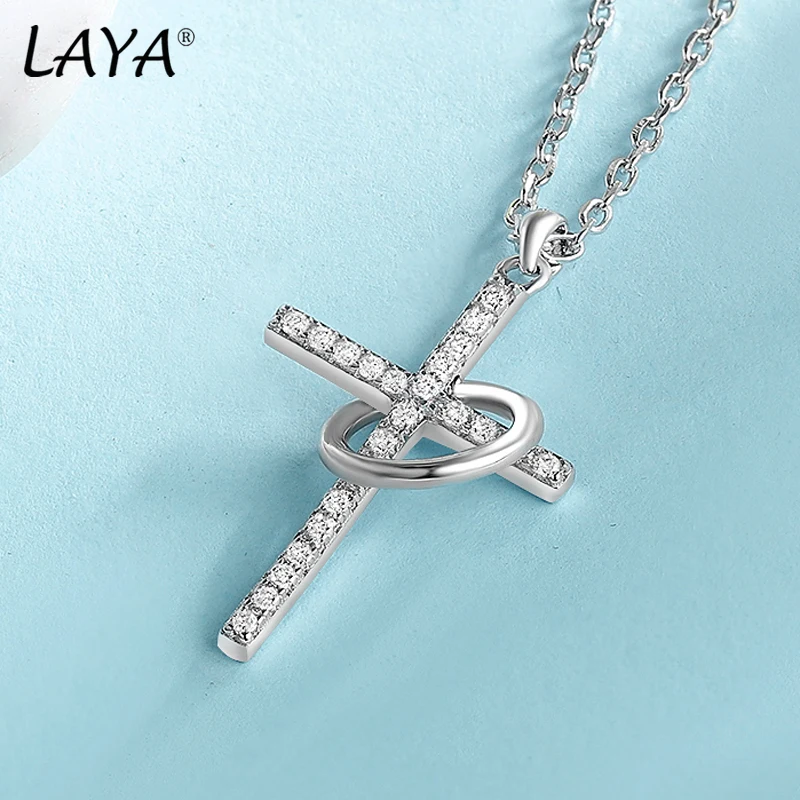 LAYA Pendant Necklace For Women Men Cross And Circle Plated platinum CZ 100% 925 Sterling Silver Chain Necklaces Fine Jewelry