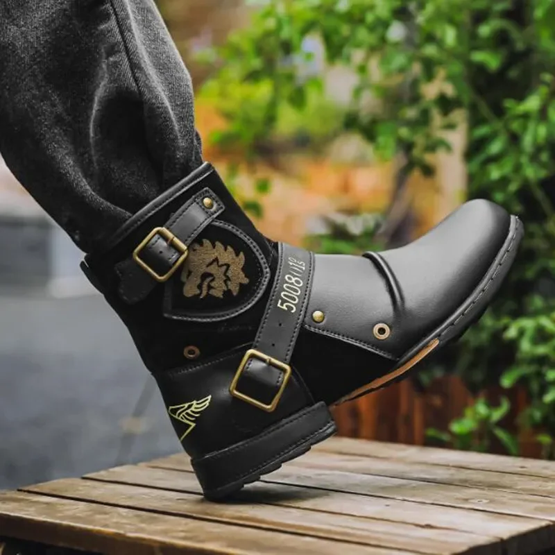 

Luxury WInter Fashion Men's Shoes Boots Warm Leather Vintage Motorcycle Male Boot Riding Retro 2025 Metal Style Zippers Men Shoe