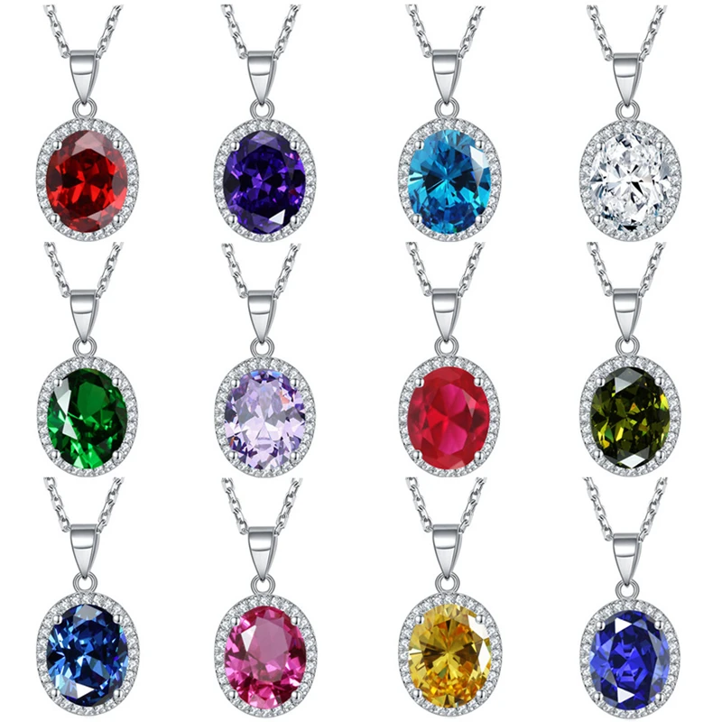 

Luxury 100% 925 Sterling Silver Necklace Multicolor Oval Zircon Pendant Necklace For Women Bride Wedding Party Best Jewelry Gift