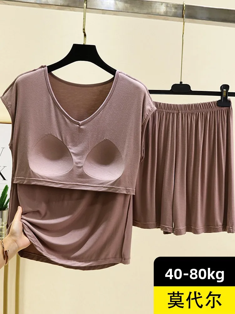 Ensemble de t-shirt en coton Modal Svel v-ne, vêtements de maison de grande taille, chemise de nuit légère et confortable pour femmes, été