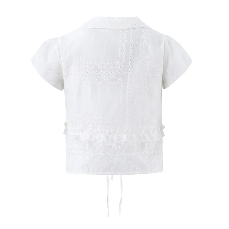 Withered 2026 Short Doll Collar Love Patch Cloth Hollow Embroidery Lace Bubble Sleeve Top Woman Clothes Shirts