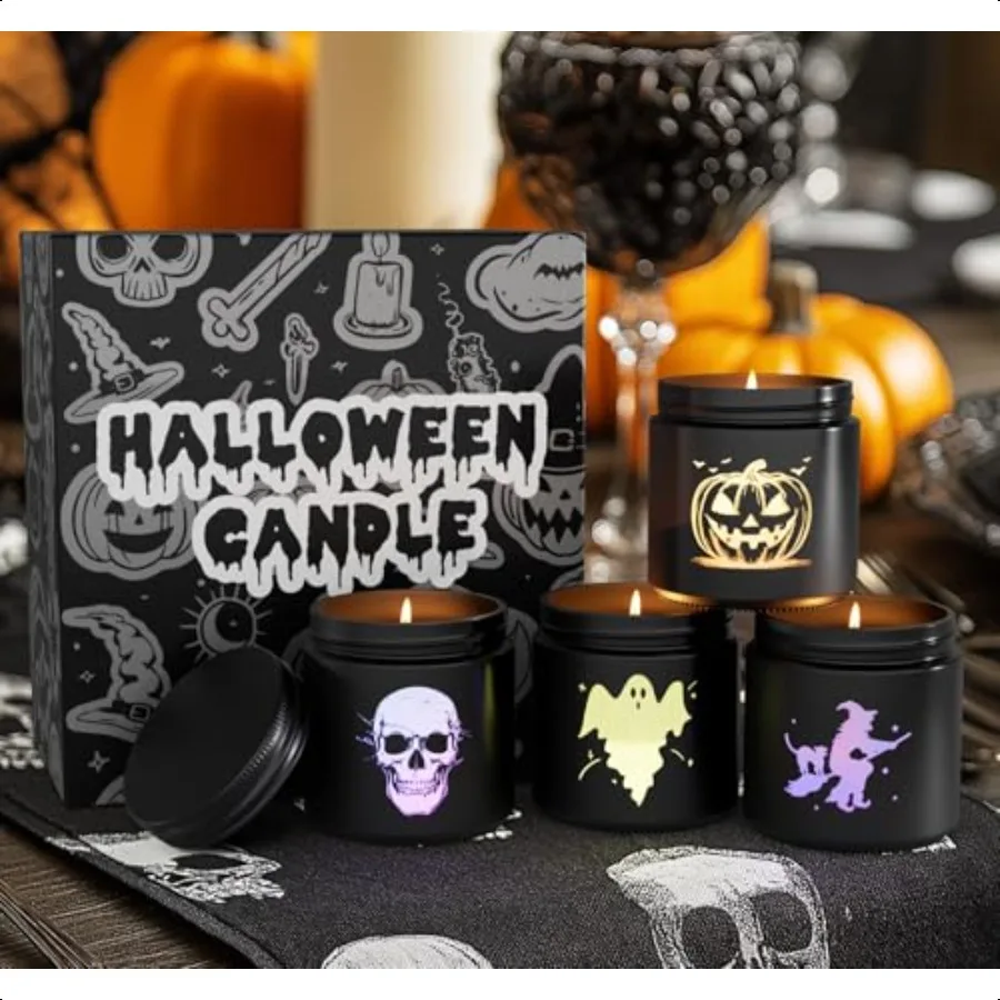 

Набор свечей для Хэллоуина, 4 упаковки, ароматические свечи, подарок с PumpkiullGhostWitch, 80 часов, прочные свечи для ожогов для украшения Хэллоуина