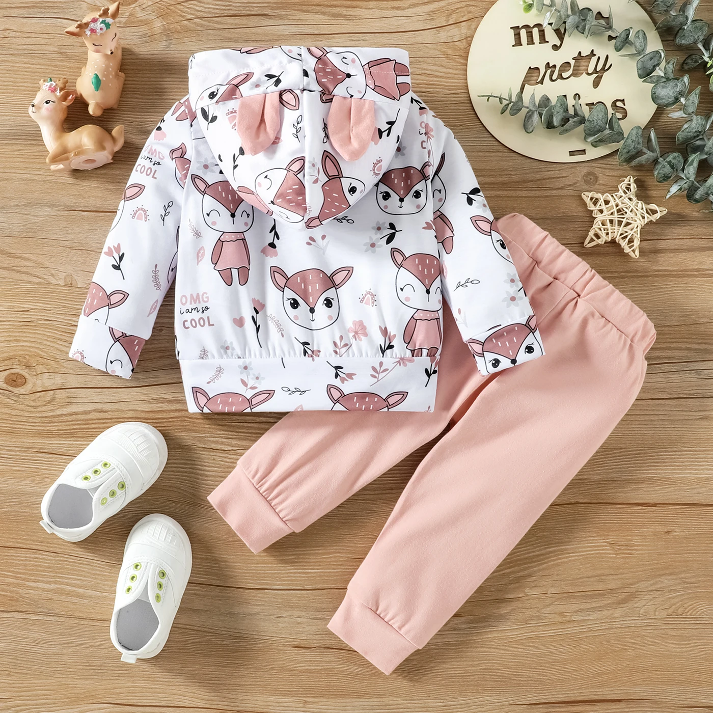 PatPat 2pcs Baby Girl 95% Cotton Animal Print Sweatpants and Long-sleeve Hoodie Set