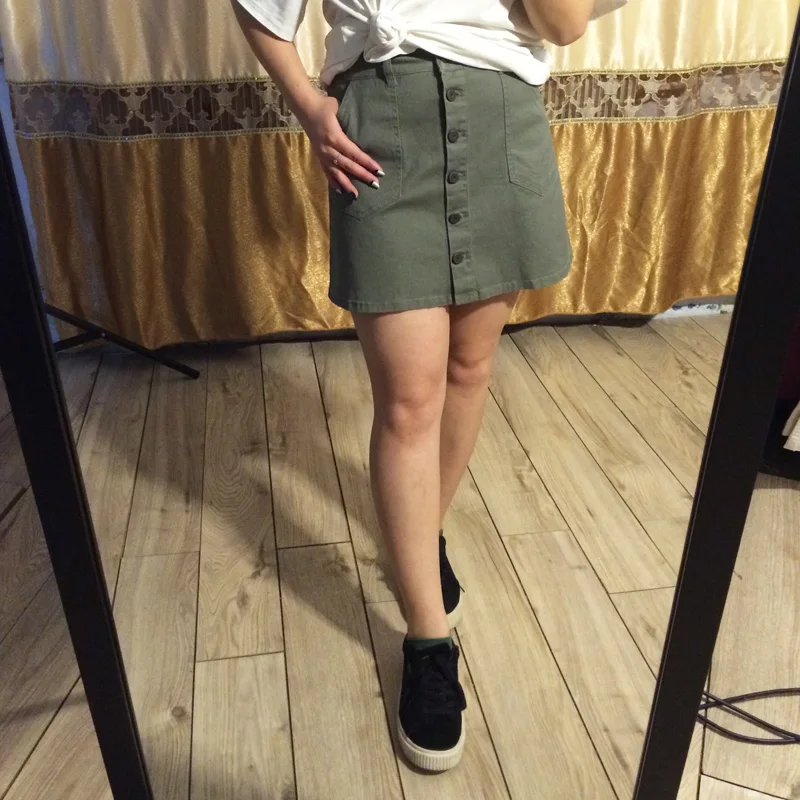 

Waed Pure Cotton Elastic Vintage Denim A-Line Skirt Single Button Summer Women Versatile ort Skirt Casual Sle