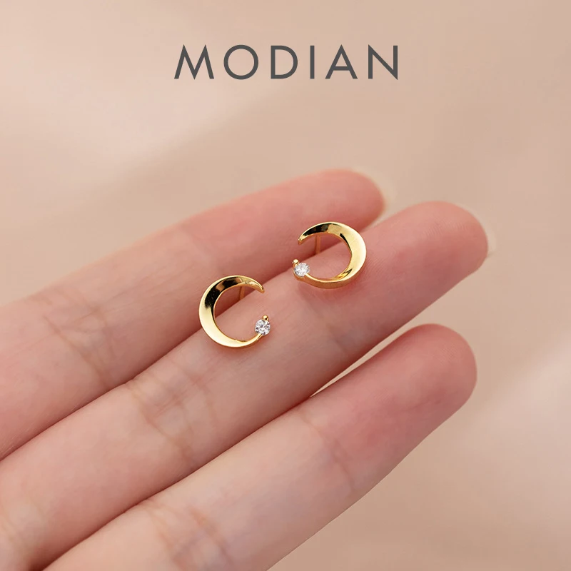 MODIAN minimalizm złoty kolor półksiężyc Stud kolczyk dla kobiet 925 srebro błyszczące wyczyść CZ c-kształt Ear Pin Fine Jewelry