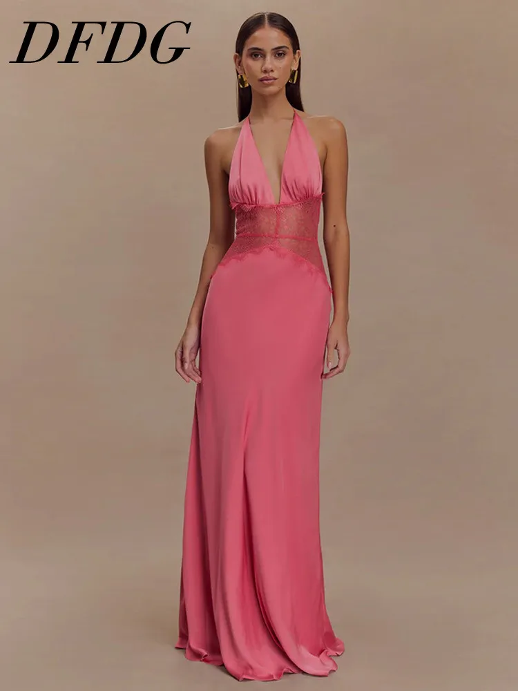 فستان ماكسي نسائي من DFDG لربيع وصيف 2026، بتصميم رقبة مفتوحة وتطريز دانتيل، مصنوع من الساتان، بفتحة صدر عميقة على شكل V، مناسب للحفلات الرسمية، أنيق وعصري