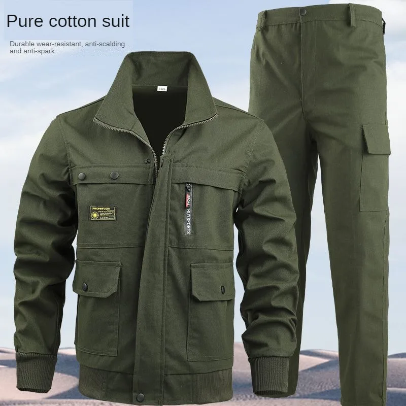 Men Work Clothes Solid Color Cotton Cloth Fire Resistant Tear Resistant  Welding And Maintenance Labor Protection Work Clothes