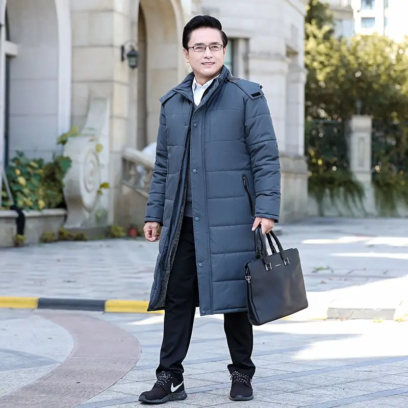 Men Extra Long Thick Winter Parka Removable Hood Windproof Warm Outerwear for Middle Aged Dad Thermal Quilted Coat