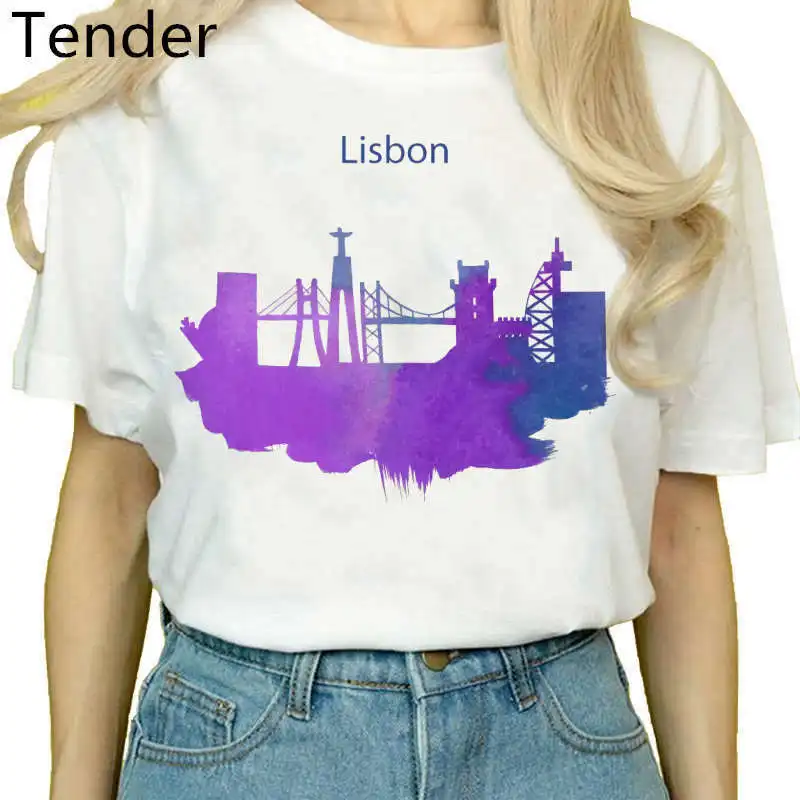 Camiseta de acuarela de la ciudad de Londres para mujer, camisa blanca de manga corta, informal, fresca, Roma, París, Nueva