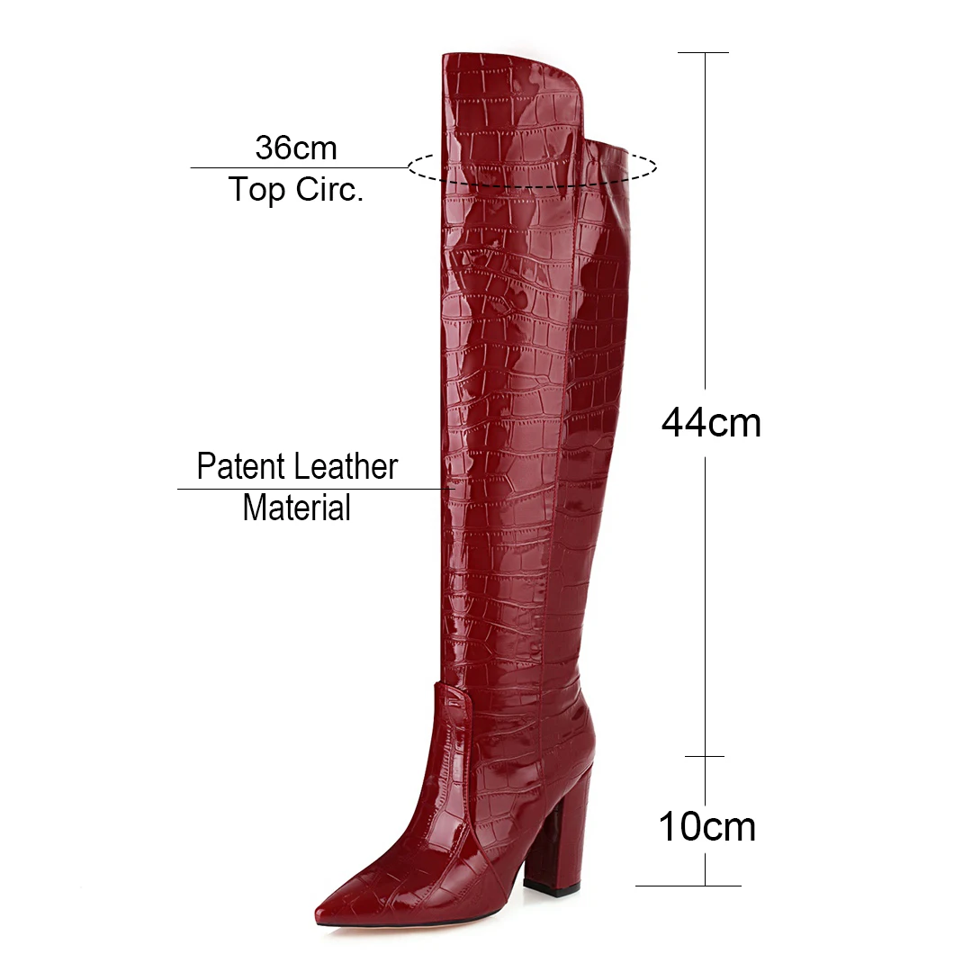 Big Size Winter Women Thigh High Boots Red Black Patent Leather Pointed Toe Block Heel Sexy Club Party Lady Long Over Knee Boots