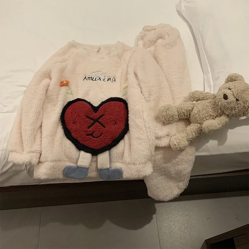 Winter Coral Fleece Pajamas Set Women Sweet Cartoon Sleepwear Flannel Thickened Ops and Trousers Pjs Korean Students Loungewear
