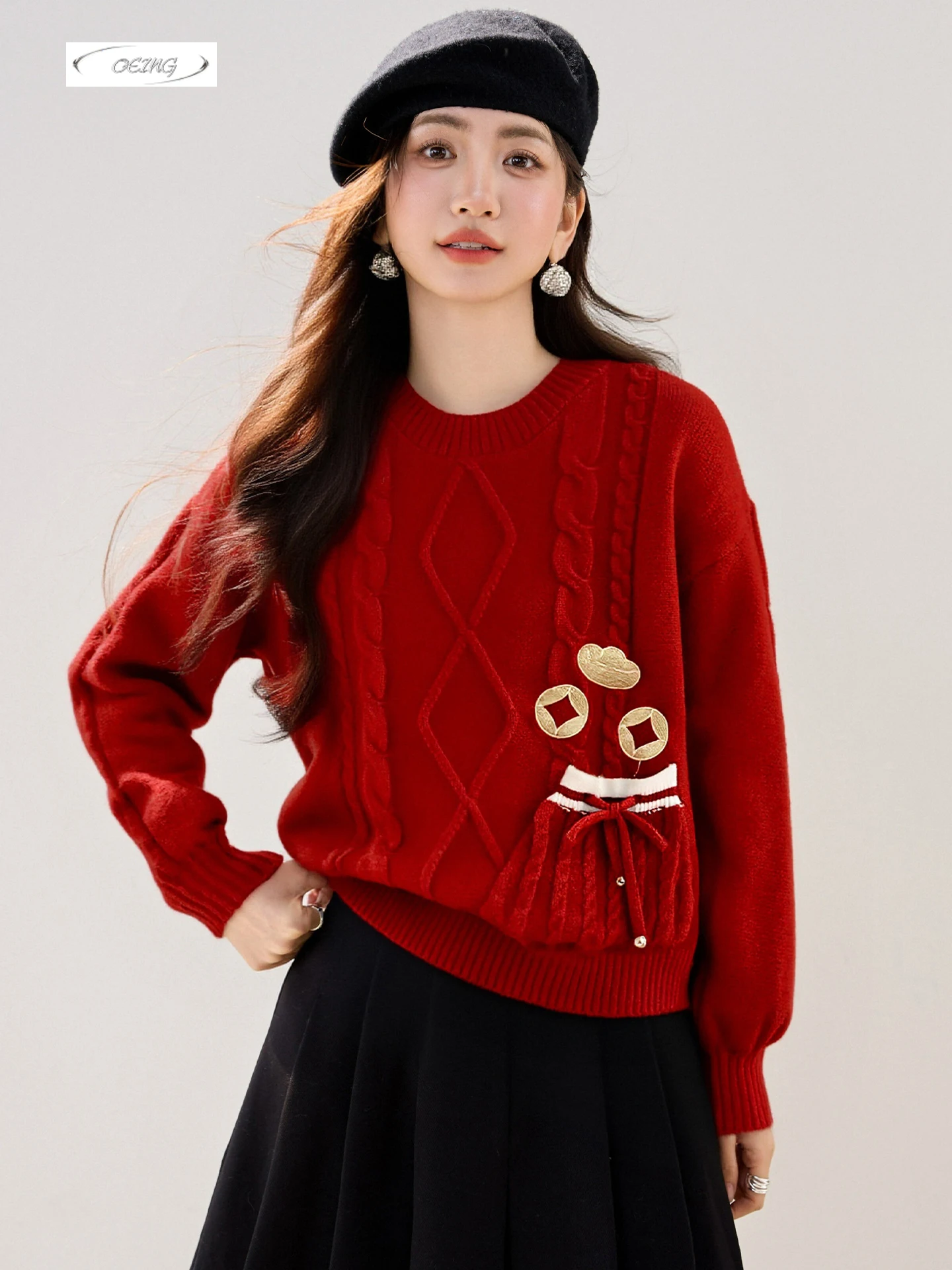 

Женский красный свитер с золотым слитком и вышивкой, рождественский вязаный пуловер, топы, осень-зима, элегантный теплый трикотаж с длинными рукавами 9765