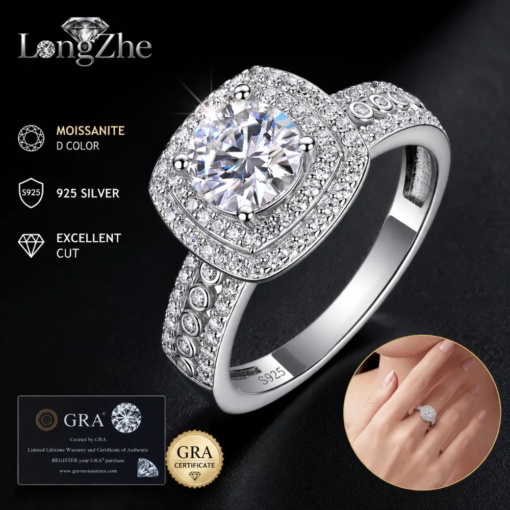 Moissanite Halo Ring for Women 1CT Round Center S925 Sterling Silver Cushion CZ Pave Band Engagement Wedding Anniversary Gift