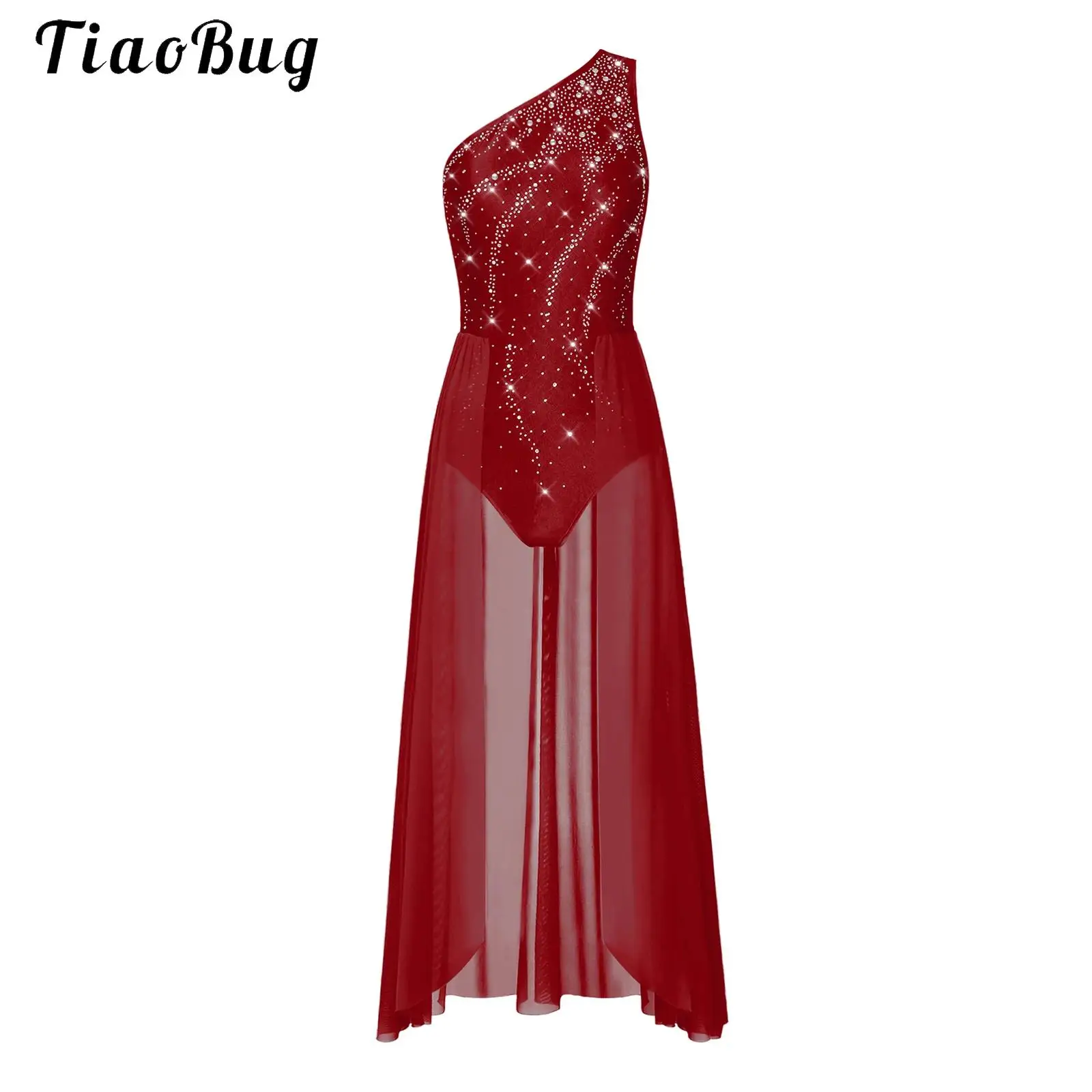 Women Sleeveless Lyrical Dance Dress One Shoulder Rhinestone Dance Leotard with Split Mesh Skirt Dancewear