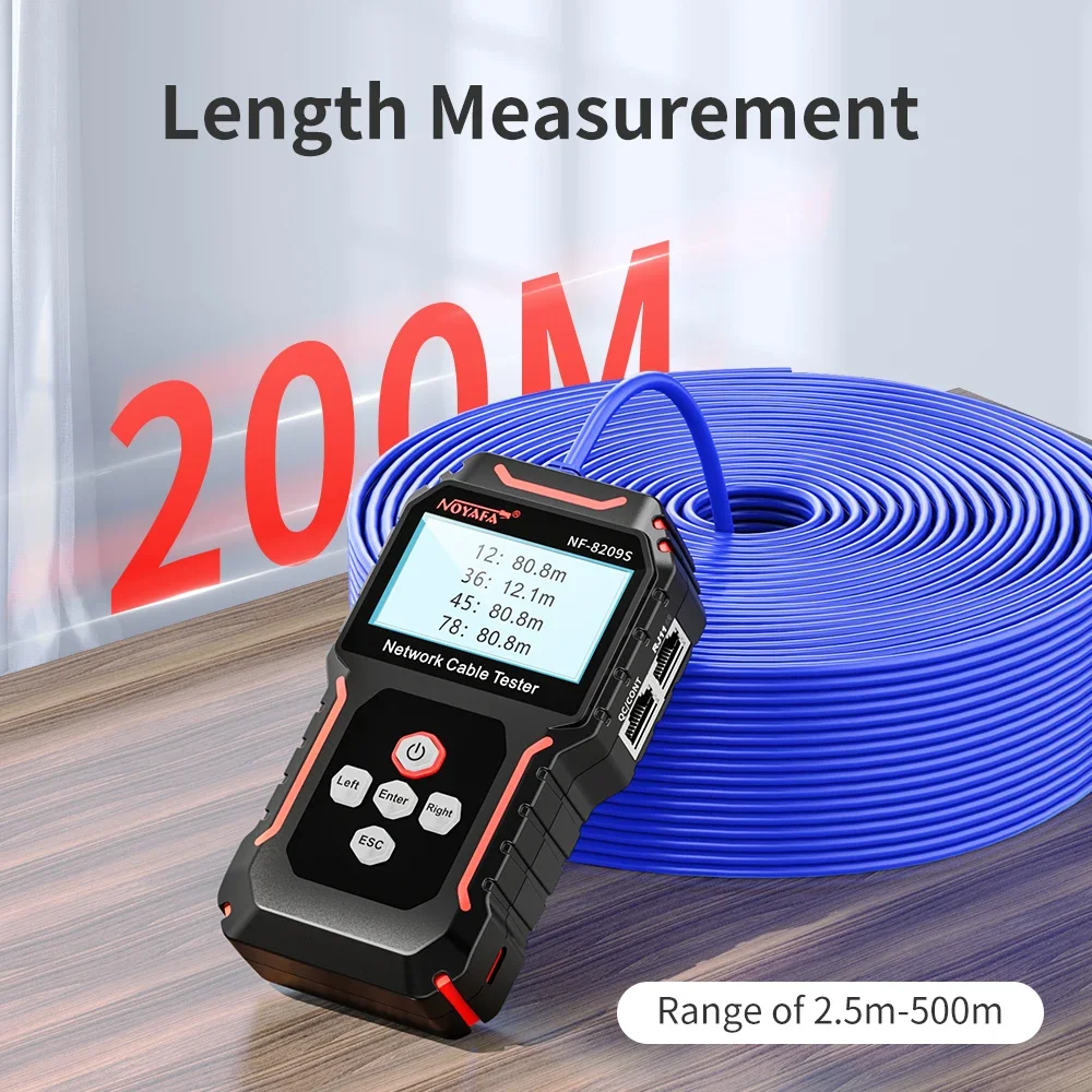 NF-8209S Nueva prueba 2,5-500 m Línea Función de cabeza de cristal prensado Carga tipo C NCV Foco de modo dual RJ45 RJ11