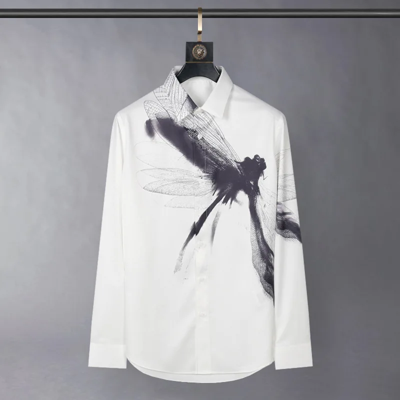 

Brand Dragonfly Printed Silk Shirt Mens Clothing Long Sleeve Business Casual Shirts Social Streetwear Banquet Party Dress Shirts