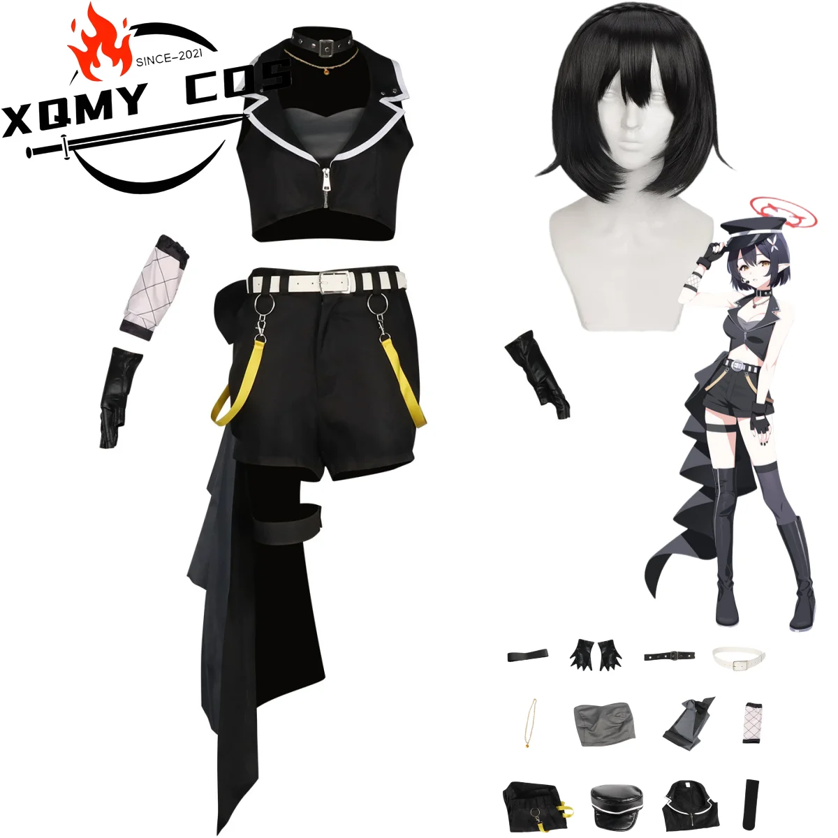 

XqGame Blue Archive The Animation Okusora Ayane Cosplay Costume Wig Black Fight Uniform Shorts Wig Woman Sexy Carnival Suit