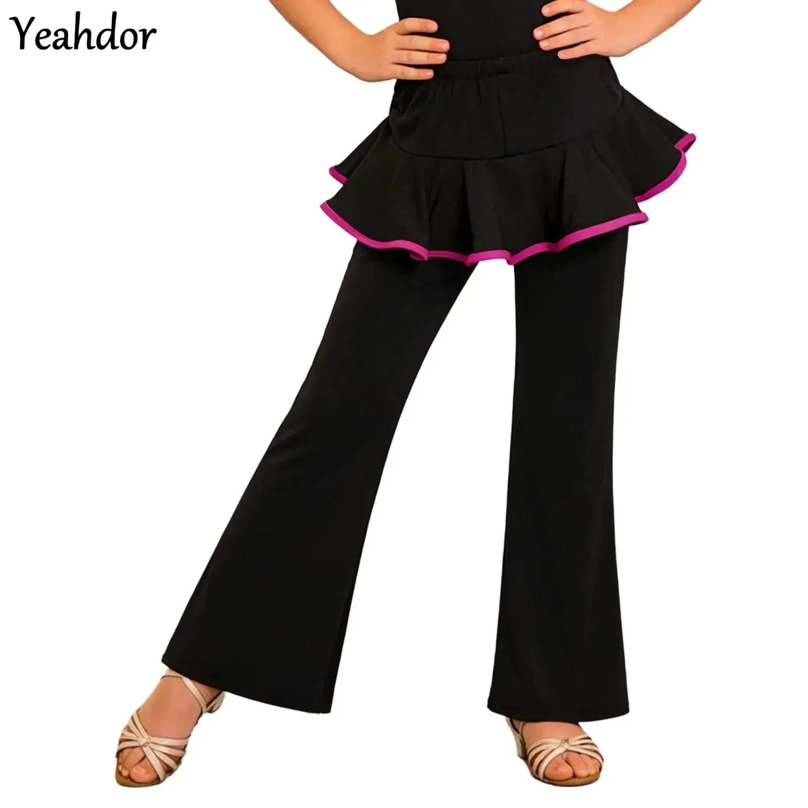 Kid Girls Latin Dance Costume Elastic Waistband Ruffle Latin Skirt/Pantskirt Salsa Tango Samba Ballroom Performance Competition
