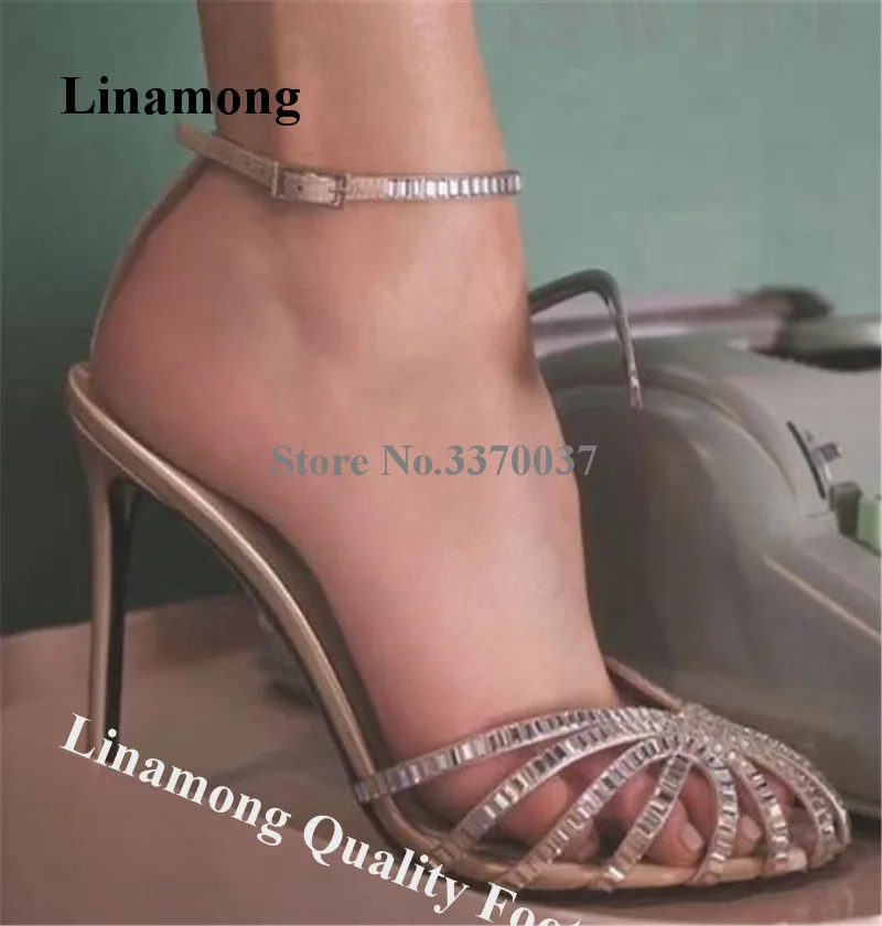 

Rhinestones Straps Sandals Linamong Women Charming Silver Crystals Round Toe Thin Heel Wedding Shoes Ankle Straps Party Heels