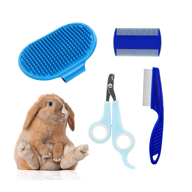 Kit de aseo para conejos, removedor de manchas, peines de limpieza, cortaúñas para mascotas, champú de doble cara, cepillo de baño para conejillo de indias