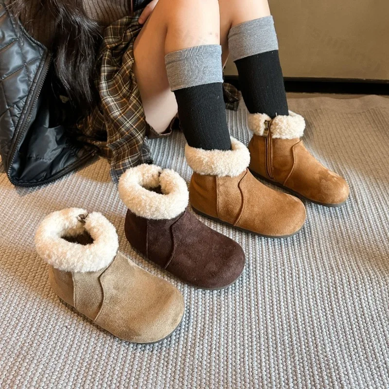 

Зимние детские ботильоны в стиле ретро на плоской подошве, теплые плюшевые зимние ботинки для девочек, уличная нескользящая детская повседневная обувь, хлопковая обувь