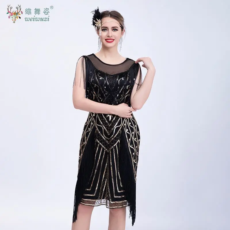 

1920s Vintage Waist Cinching Sequined Cuffs Tassel Mesh Dress for Women Gatsby High-end Banquet, Dance Party, Evening Gown