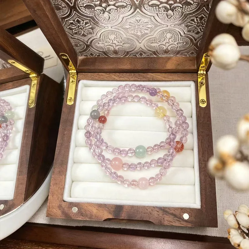 Chinese Style Natural Amethyst Handstring Bracelet 4mm 3 Wrap Multi Gems Lucky Auspicious Wealth Blessing Elegant Gift For Women