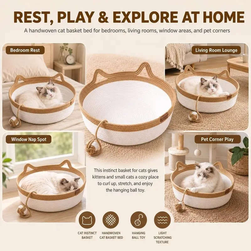 35/40/46cm Handwoven Cotton Rope Cat Basket Bed with Cat Ear Handles Ball Toy Indoor Cat Nest Sleeping Basket