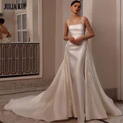Elegant Elegant Satin Square Collar 2 In 1 Mermaid Wedding Dresses Beading Pearls Lace Sleeveless Bridal Gown