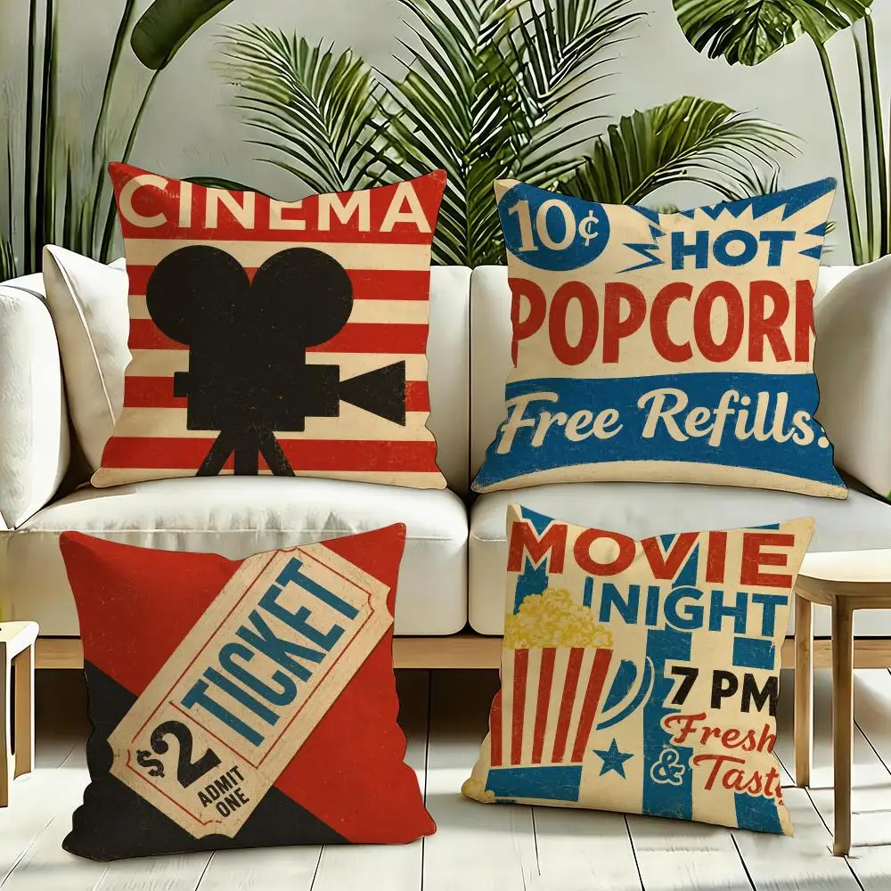 Vintage Cinema Night Cushion Cover Silky Short Plush Invisible Zipper Dustproof Sofa Pillow Case for Home Decor